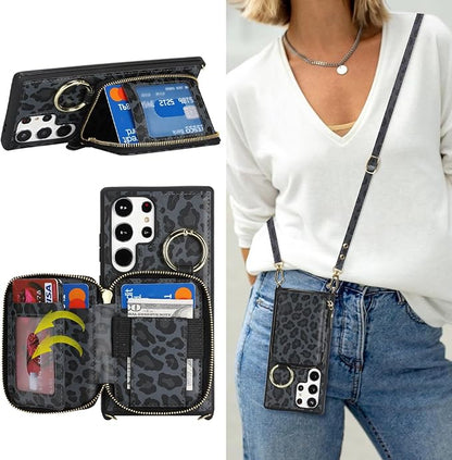 Crossbody Wallet Case for Galaxy S23 Ultra, PU Leather Zipper Handbag Purse Flip Cover, Kickstand Folio Case with Card Slots Holder Wrist Strap Lanyard -Black Leopard
