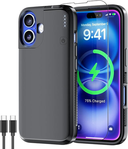 NEWDERY Upgraded Battery Case for iPhone 16, 5000mAh USB C Portable Power Bank, CarPlay, Sync-Data Supported, Rechargeable Charger Case Compatible with iPhone 16 6.1", Black