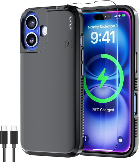 NEWDERY Upgraded Battery Case for iPhone 16, 5000mAh USB C Portable Power Bank, CarPlay, Sync-Data Supported, Rechargeable Charger Case Compatible with iPhone 16 6.1", Black