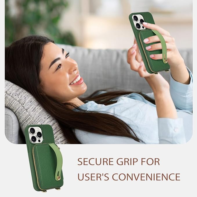 LAMEEKU for iPhone 15 Pro Wallet Case, Zipper Leather Card Slots Crossbody Cover Wrist Strap Lanyard with Phone Grip Holder Stand for iPhone 15 Pro 6.1 inch Dark Green