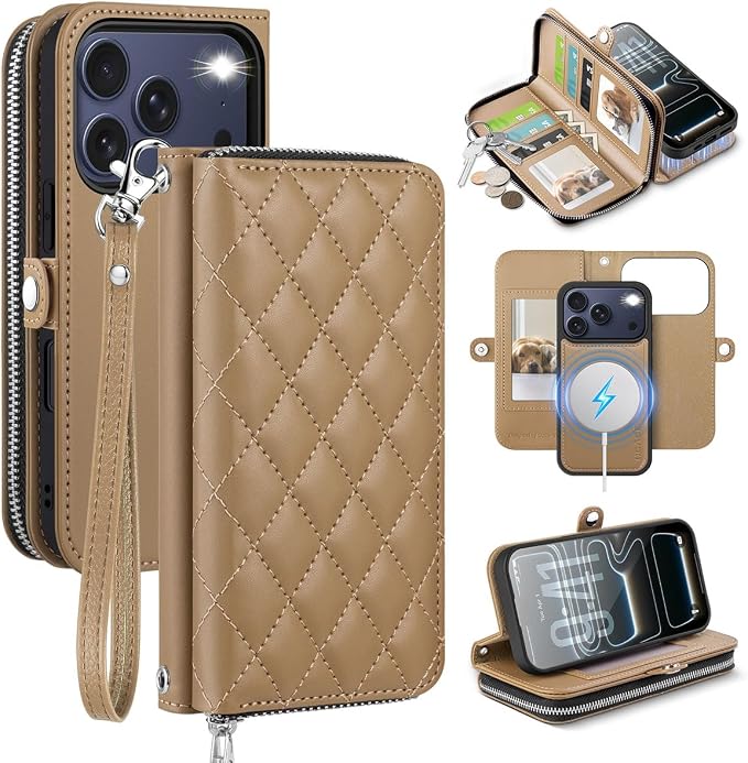 OCASE for iPhone 17 Pro Crossbody Detachable Wallet Case, PU Leather Handbag Phone Purse with Zipper Closure, Card Slots & RFID Blocking, Wrist Strap, Lanyard, Kickstand, Diamond Check Khaki
