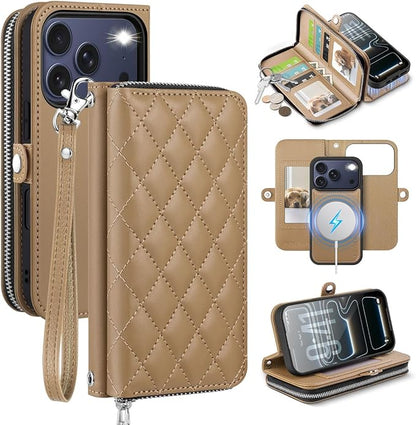 OCASE for iPhone 17 Pro Crossbody Detachable Wallet Case, PU Leather Handbag Phone Purse with Zipper Closure, Card Slots & RFID Blocking, Wrist Strap, Lanyard, Kickstand, Diamond Check Khaki
