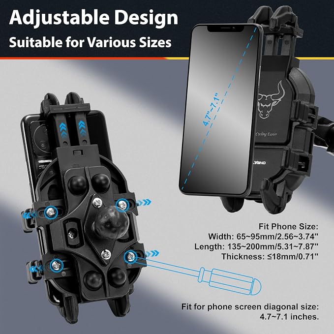ELVANO Motorcycle Phone Mount Holder: Anti-Shake Phone Holder with Vibration Dampener for 4.7-7.2" Smartphone, Heavy Duty Adjustable Cellphone Clip Fits 0.6-1.3" Handlebar for Bike Bicycle Scooter ATV