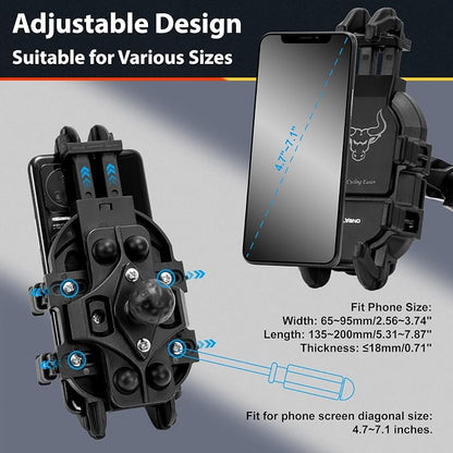 ELVANO Motorcycle Phone Mount Holder: Anti-Shake Phone Holder with Vibration Dampener for 4.7-7.2" Smartphone, Heavy Duty Adjustable Cellphone Clip Fits 0.6-1.3" Handlebar for Bike Bicycle Scooter ATV