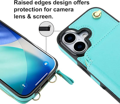 Bocasal Crossbody Wallet Case for iPhone 17, RFID Blocking Leather Purse Case with Card Holder, Protective Handbag Flip Cover with Zipper Wrist Strap Lanyard for Women 5G 6.3 Inch (Mint Green)