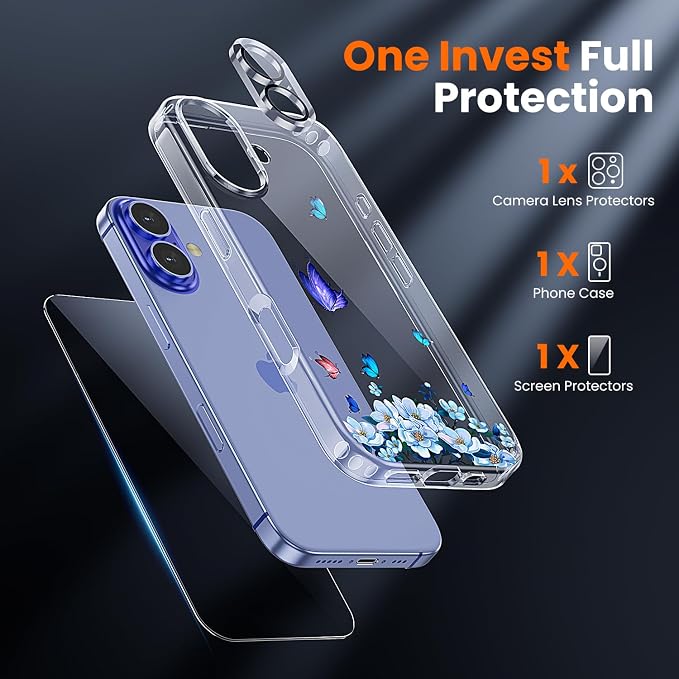 3 in 1 for iPhone 16 Case Clear, Screen Protector *1 & Camera Lens Protector*1, Print Shockproof for iPhone 16 Phone Case 6.1 inch Floral