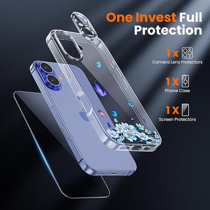 3 in 1 for iPhone 16 Case Clear, Screen Protector *1 & Camera Lens Protector*1, Print Shockproof for iPhone 16 Phone Case 6.1 inch Floral