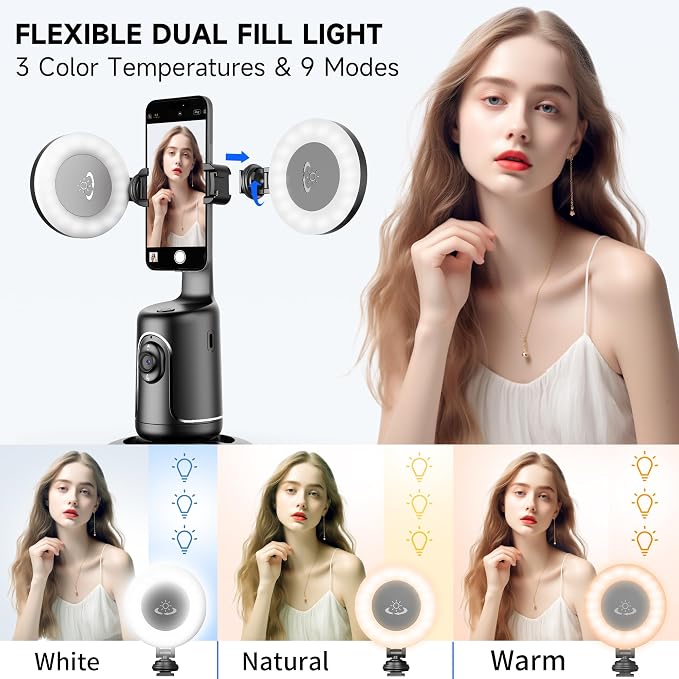 Auto Face Tracking Tripod with 2 Selfie Ring Light, 360° Rotation Face Body Phone Holder Smart Shooting Camera Mount with Remote, Rechargeable Smart Shooting Holder for Vlog, Streaming, Video, Tiktok