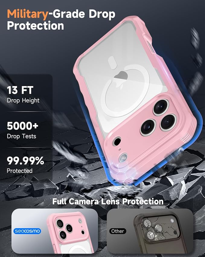 seacosmo for iPhone 17 Pro Max Case, Full Body Bumper with Built-in Tempered Glass Screen Protector and Camera Lens Protection, Compatible with MagSafe, Shockproof 17 Pro Max Case, 6.9", Pink