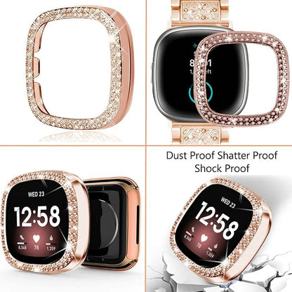 Compatible with Fitbit Versa 4/Sense 2 with Case Women, Jewelry Replacement Metal Wristband Strap with Bling PC Protective Cover for Fitbit Versa 3/Sense (Fitbit Versa 4/Sense 2, Rose Gold)