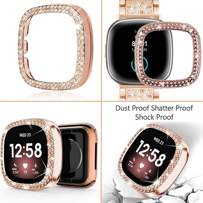 Compatible with Fitbit Versa 4/Sense 2 with Case Women, Jewelry Replacement Metal Wristband Strap with Bling PC Protective Cover for Fitbit Versa 3/Sense (Fitbit Versa 3/Sense, Rose Gold)