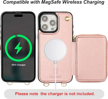 Bocasal for MagSafe Crossbody Wallet Case Compatible with iPhone 16 Pro, RFID Blocking Protective Purse Case with Card Slots Holder Kickstand Wrist Strap Lanyard Zipper 6.3 Inch 5G (Rose Gold)