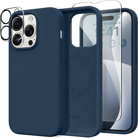 GONEZ for iPhone 14 Pro Max Case Silicone, Compatible with MagSafe, with Screen Protector + Camera Lens Protector, Liquid Silicone Shockproof Protective Phone 14 ProMax Case 6.7", Dark Blue