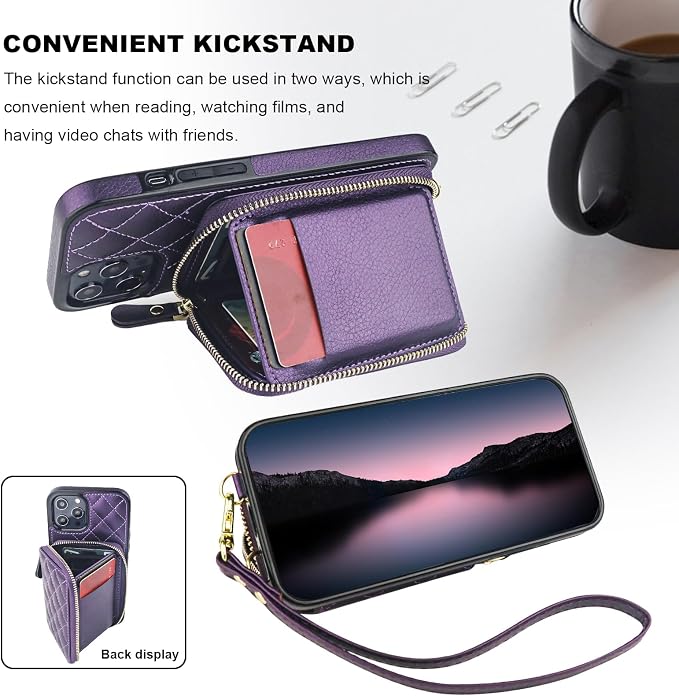 Bocasal Crossbody Wallet Case for iPhone 12 Pro Max, RFID Blocking PU Leather Zipper Handbag Purse Flip Cover, Kickstand Folio Case with Card Slots Holder Wrist Strap Lanyard 5G 6.7 Inch (Dark Purple)