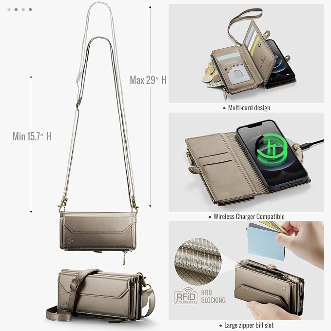 Strapurs Crossbody Wallet Case Compatible with iPhone 17e / iPhone 16e RFID Blocking 7-Card Holder PU Leather Magnetic Snap Shoulder Strap Zipper Pocket Phone Cases for iPhone 17e / 16e - Bronze Gold
