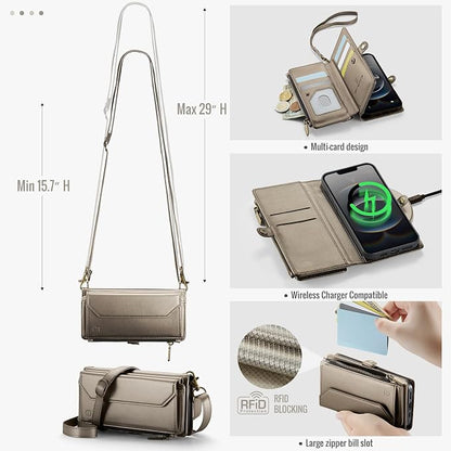Strapurs Crossbody Wallet Case Compatible with iPhone 17e / iPhone 16e RFID Blocking 7-Card Holder PU Leather Magnetic Snap Shoulder Strap Zipper Pocket Phone Cases for iPhone 17e / 16e - Bronze Gold