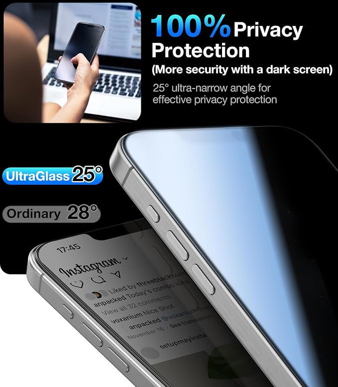 UltraGlass Ultra Top 9H+ Glass for iPhone 14 Privacy Screen Protector [Invisible Privacy Armor] Private Screen Protector 14 Tempered Glass [Full Coverage & Longest Durable] 2 Packs