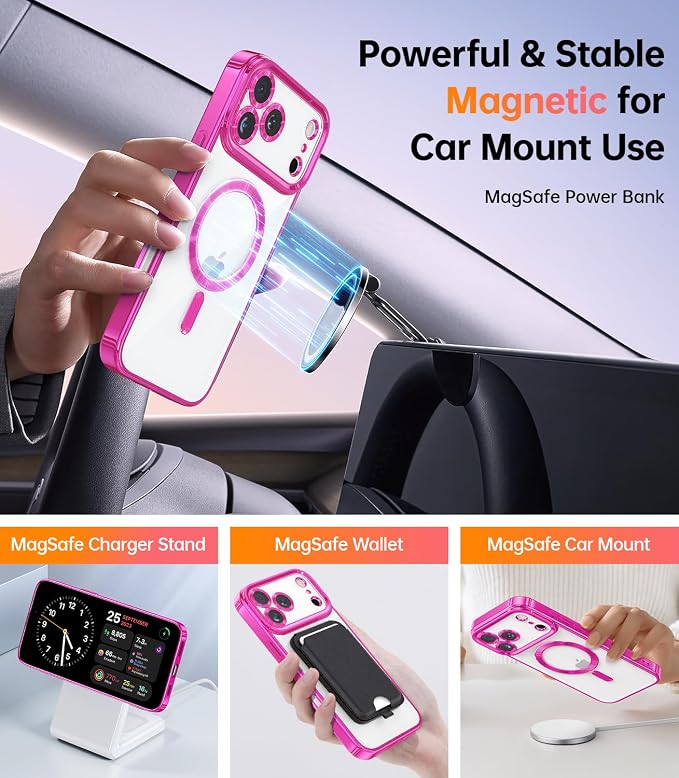 Meifigno Designed for iPhone 17 Pro Magnetic Case with Removable Phone Ring Stand, [Glitter Card & Wrist Strap] [MagSafe Compatible] [Built-in Mirror] Phone Ring Stand + Phone Case Kit, Hot Pink