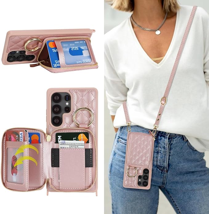Crossbody Wallet Case for Galaxy S25 Ultra, PU Leather Zipper Handbag Purse Flip Cover, Kickstand Folio Case with Card Slots Holder Wrist Strap Lanyard -Rose Gold