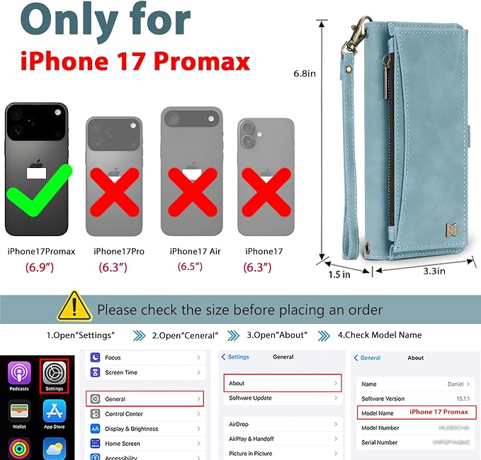 Wallet Case for iPhone 17 Pro Max with Card Holder/Crossbody Wallet/Strap,[RFID Blocking][Magnetic] PU Leather Phone Case for iPhone 17 Pro Max,6.9 in,Dream Blue