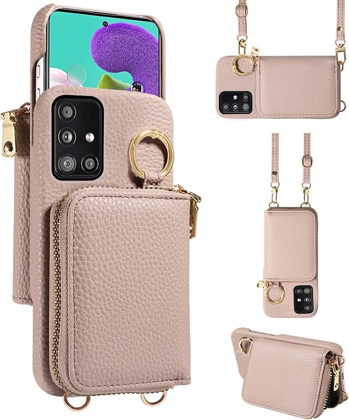 Wallet Case for Samsung Galaxy A51 5G/A 51 5G UW Verizon & Shoulder Strap Ring Buckle PU Leather Zipper Flip Organ Purse Credit Card Holder Stand Full Body Cell Phone Cover for 51A G5 S51 Khaki