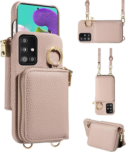 Wallet Case for Samsung Galaxy A51 5G/A 51 5G UW Verizon & Shoulder Strap Ring Buckle PU Leather Zipper Flip Organ Purse Credit Card Holder Stand Full Body Cell Phone Cover for 51A G5 S51 Khaki
