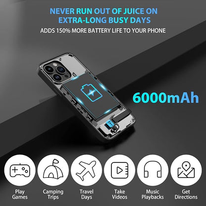 Battery Case for iPhone 16 Pro Max, Extended Battery Power Charging Case for iPhone 16 Pro Max 5G Portable Rechargeable Protective Charger Cover, Perfect for Business Travel, Black