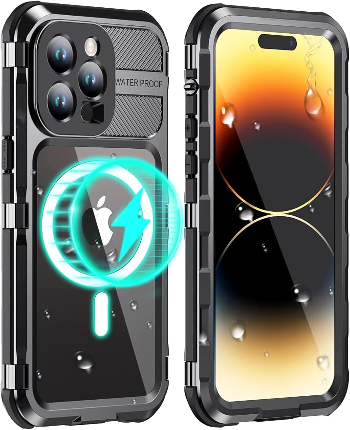 WIFORT for iPhone 14 Pro Waterproof Case - Metal Heavy Duty Full Body Protective Cover Built-in Screen Protector, IP68 Water Proof Military Grade Shockproof Rugged Drop Defender Phone case 6.1" Black