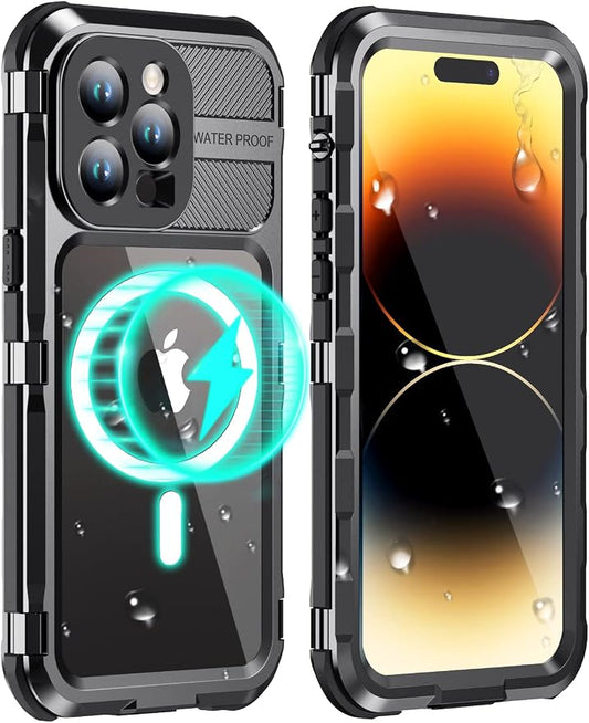 WIFORT for iPhone 14 Pro Waterproof Case - Metal Heavy Duty Full Body Protective Cover Built-in Screen Protector, IP68 Water Proof Military Grade Shockproof Rugged Drop Defender Phone case 6.1" Black