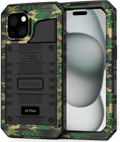 Beasyjoy for iPhone 15 Plus Case Waterproof, Metal Heavy Duty Full Body Protective Case with Built-in Screen Protector, Military Grade Shockproof Dustproof Defender Case for iPhone 15 Plus 6.7", Camo
