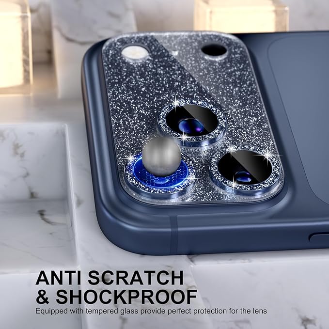 Choiche Compatible for iPhone 17 Pro Max Camera Lens Protector, Bling Camera Cover with 9H Tempered Glass Lens Screen Protector Metal Ring Decoration Accessories 6.9-inch (Glitter-Blue)