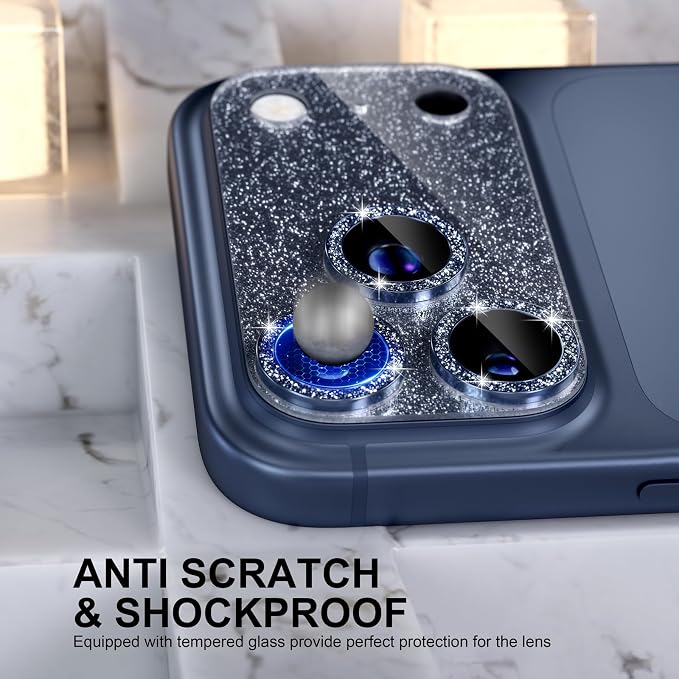 Choiche Compatible for iPhone 17 Pro Camera Lens Protector, Bling Camera Cover with 9H Tempered Glass Lens Screen Protector Metal Ring Decoration Accessories 6.3-inch (Glitter-Blue)
