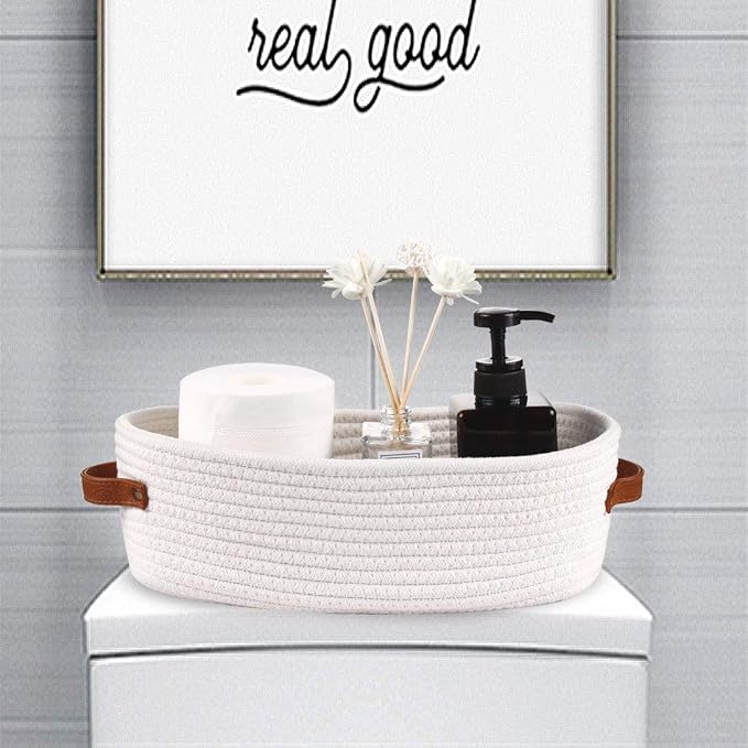 2 Pack Woven Storage Basket for Toilet Tank Top,Farmhouse Home Decor Organizing Baskets for Bathroom,Table and Counter 13"x5.9"x4" White