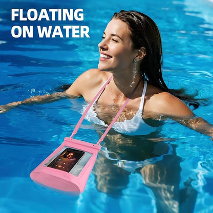 2L Floating Waterproof Phone Pouch for Up to 7.5", Large Space Adjustable Neck Lanyard Waterproof Bag. Dry Bag for Family Vacations, Beach, Pools, Kayaking, Cruises (Pink)