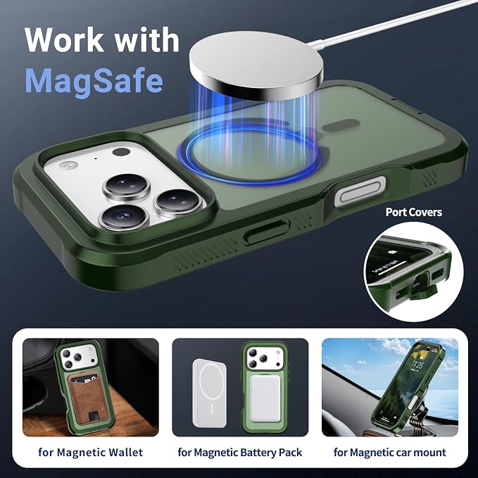 jaroco Magnetic for iPhone 17 Pro Case, [Compatible with MagSafe][Military Grade Drop Protection][Heavy Duty Protection][Non-Slip][Shockproof] 2-Layer Durable Bumper Phone Casee 6.3''-Army Green