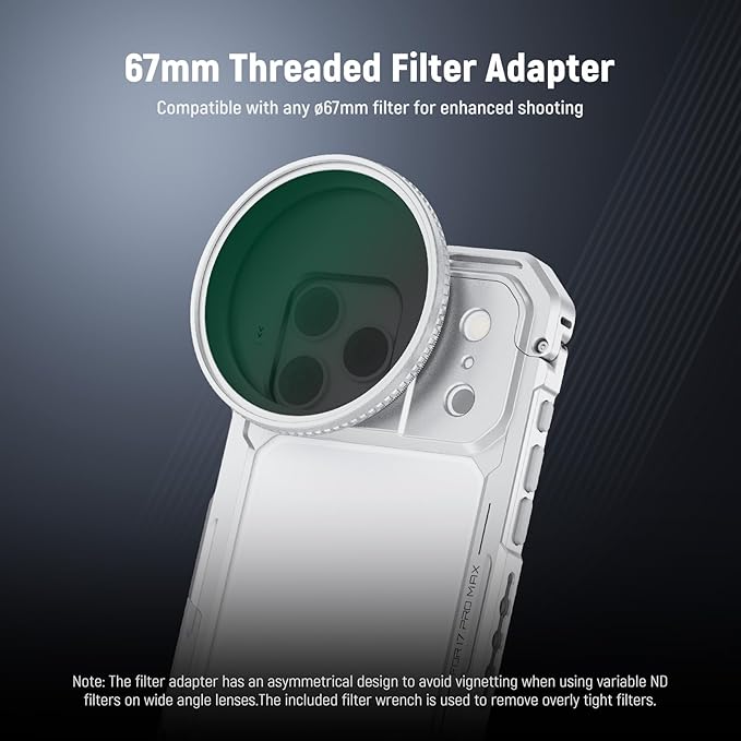 NEEWER Phone Cage Compatible with iPhone 17 Pro Max, Quick Release Video Rig Stabilizer Accessories with 67mm Filter Ring, 17mm Lens Backplate, T Mount Adapter, 4X Camera Control Cap, PA144 (Silver)
