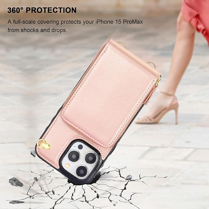 KIHUWEY Crossbody Wallet Case for iPhone 15 Pro Max, Zipper Pocket Case with Card Holder, PU Leather RFID Blocking Protective Cover with Kickstand and Detachable Wrist Strap Lanyard - 6.7" (Rose Gold)
