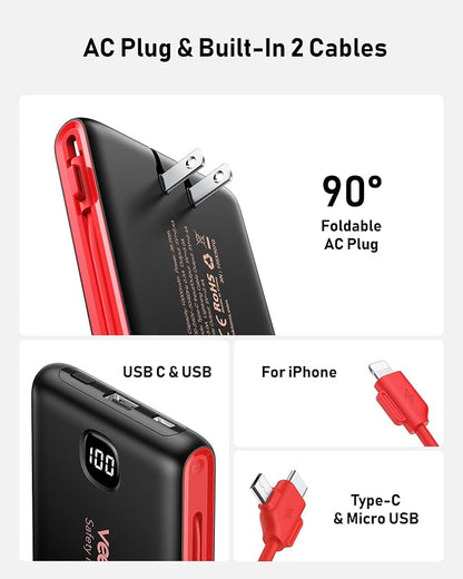 Portable Charger Power Bank Built in Cables and Wall Plug, 10000mAh iPhone Battery Pack Fast Charging, USB C External Slim Power Bank, Travel Essentials Compatible with iPhone 17 16 15 14 iPad