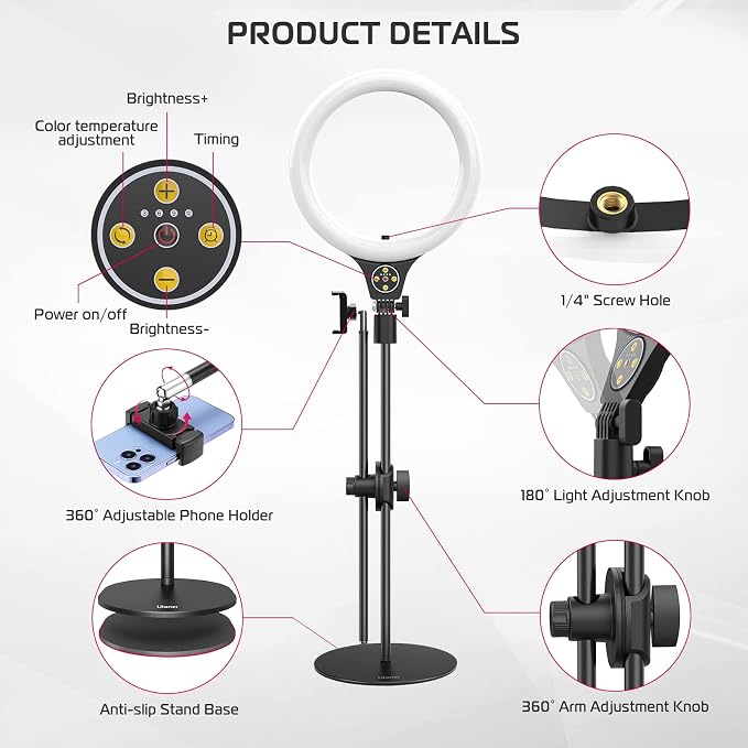 ULANZI Overhead Phone Mount Tripod with Light, 3500k-6500K 10" Desk Ring Light with Stand and Phone Holder for Video Recording, Zoom Meeting, Make Up, Cooking, Selfie, Live Streaming, Tiktok, YouTube