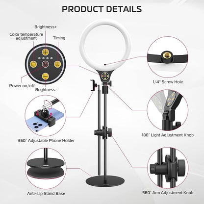 ULANZI Overhead Phone Mount Tripod with Light, 3500k-6500K 10" Desk Ring Light with Stand and Phone Holder for Video Recording, Zoom Meeting, Make Up, Cooking, Selfie, Live Streaming, Tiktok, YouTube