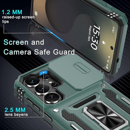 DEERLAMN Case for Samsung Galaxy S26 Ultra 6.9-Inch with Slide Camera Cover+Screen Protector(1 Pack), Rotated Ring Kickstand Military Grade Shockproof Protective Cover-Green