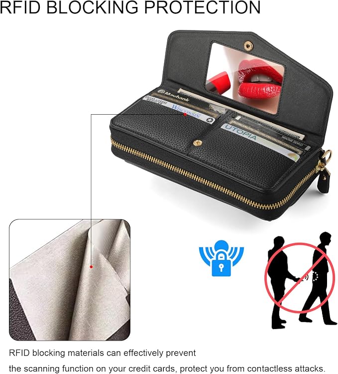 Crossbody Wallet Case for iPhone 16 Pro Max, Magnetic Detachable Floral PU Leather Phone Case with RFID Blocking Card Holder Wristlet Mirror Flip Zipper Shoulder Purse for Wome - Black B