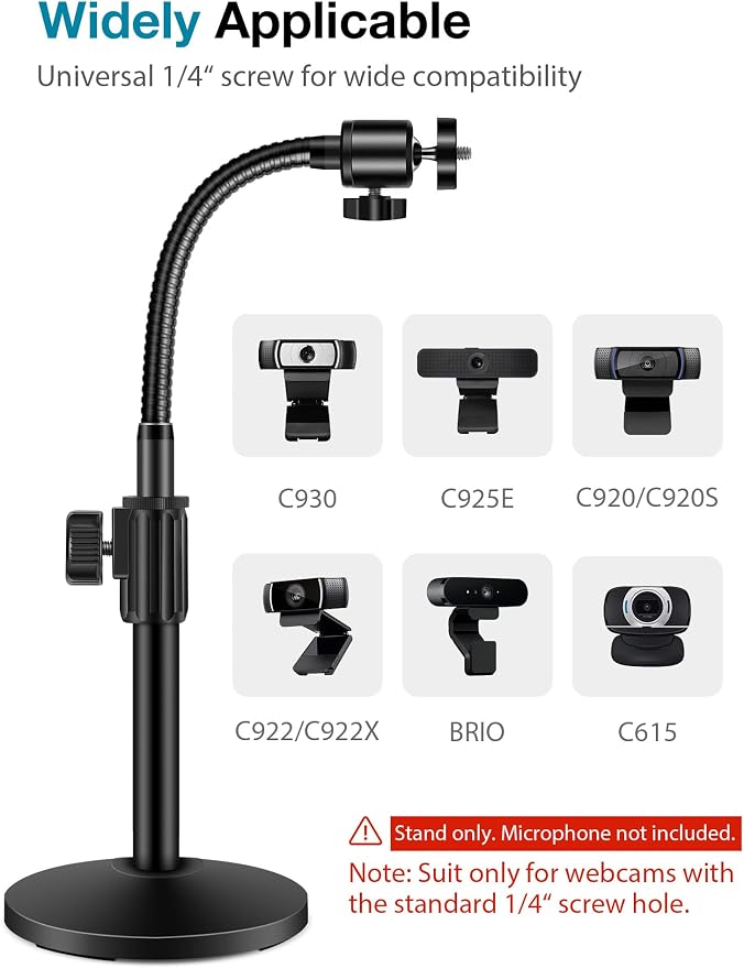 InnoGear Webcam Stand for Desk, Camera Stand Mount Gooseneck Arm for Logitech Webcam C922 C930e C920S C920 C615 C960 C920x BRIO 4K NexiGo N60, Phone Mount, Right Light, GoPro with 1/4" Thread