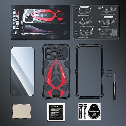 Armor Phone Case for iPhone 16 Pro Max Military Grade Cover 360 Full Protection Heavy Duty Hybrid Metal Bumper Built-in Silicone Shockproof with Screen Protector - Black + Red