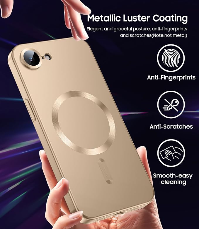 Magnetic for iPhone 17e Case/iPhone 16e Case [Compatible with MagSafe][Built-in Camera Lens Protector] Slim Soft Silicone Bumper Shockproof Metallic Luster 17e Phone Case (Gold)
