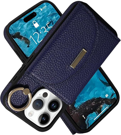 Keallce Wallet Case for iPhone 16 Pro Max 6.9'', Flip Case with Card Slots, Ring Holder Kickstand, PU Leather Protective Folio Cover for Women, Navyblue