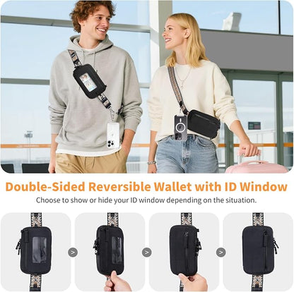 Tiostep Clip and Go Strap for Phone with Wallet Crossbody Phone Lanyard with Anti-Theft Zipper Pouch Detachable Quilted Wrist Wallet with RFID and ID Window for Daily Travel. Black Large