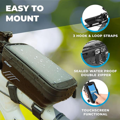 Roam Bike Universal Phone Holder + Waterproof Zipper Storage Case - Fits Smartphones Up To 4" x 7" - Velcro Strap Mounts To Bicycle Frame - Full Touchscreen Capabilities - Black