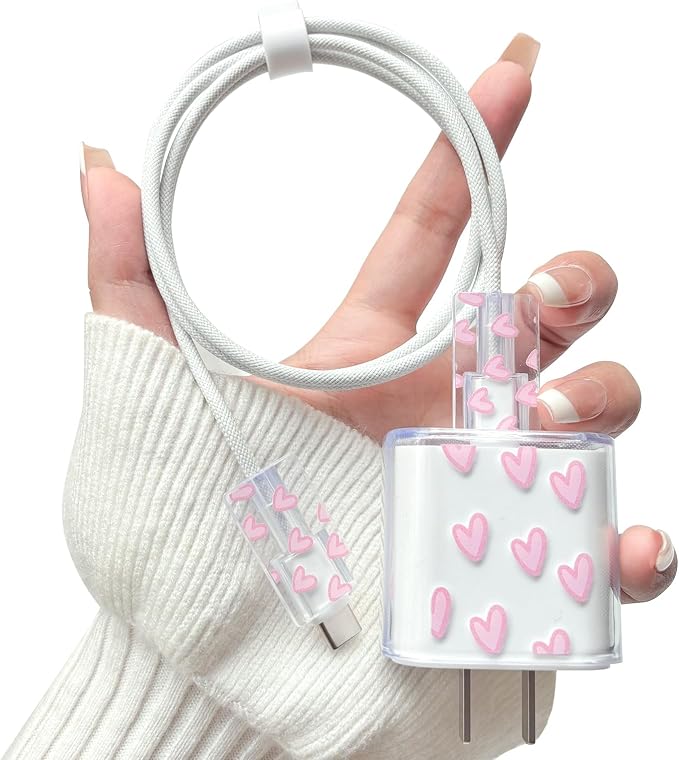 Lovmooful Compatible for iPhone 18W/20W USB-C Charger Cover Clear Lovely Love Heart Design Soft Charger Protector Cute Cable Case Saver Protector for Girls Women-Light Pink Heart