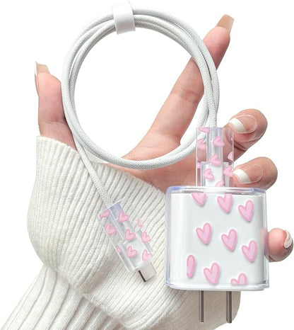 Lovmooful Compatible for iPhone 18W/20W USB-C Charger Cover Clear Lovely Love Heart Design Soft Charger Protector Cute Cable Case Saver Protector for Girls Women-Light Pink Heart